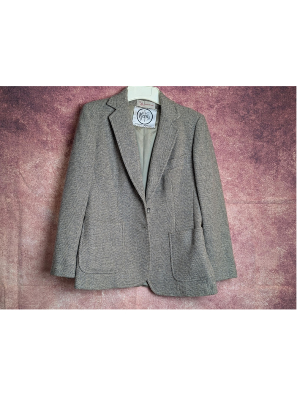 Vintage Evan Picone Wool Blazer Mens Gray Herringbone Tweed Sport Coat Meyers Le